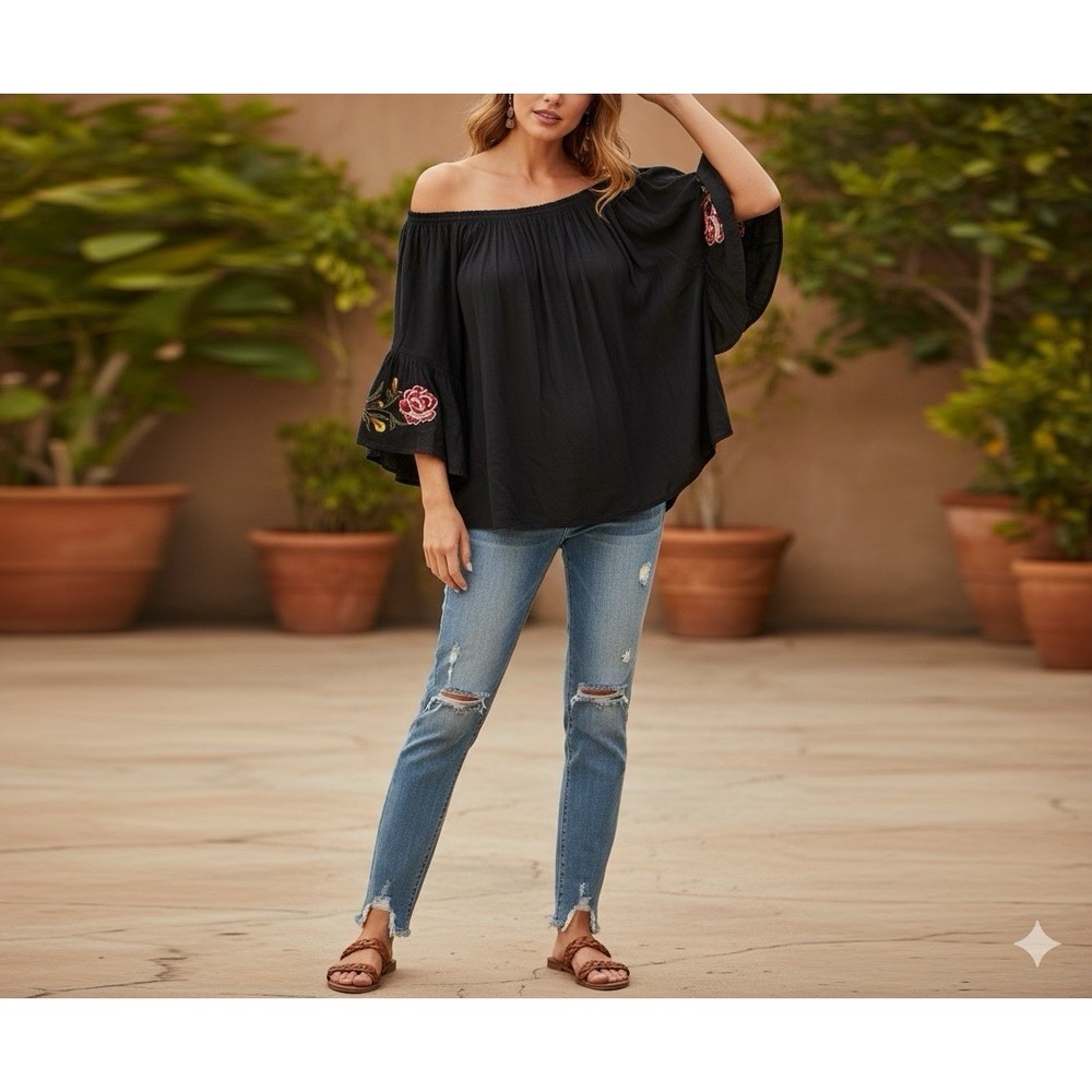 Feathers Black Floral Embroidered Off Shoulder Bell Sleeve Blouse XL Boho Top